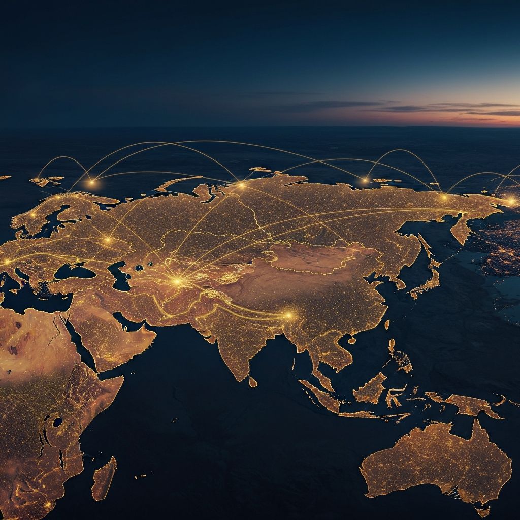 Illuminated Eurasian cities connected by trade routes at dusk